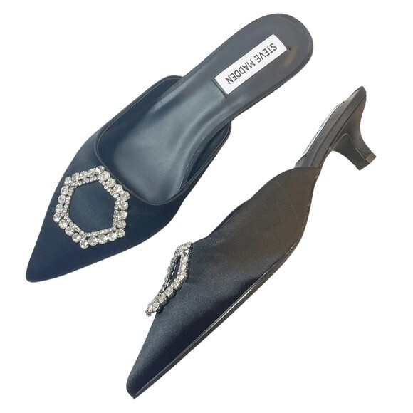 NWT Steve Madden Kees Black Satin Rhinestone Buckle Kitten Heel Mule Size 8.5 - Picture 2 of 16